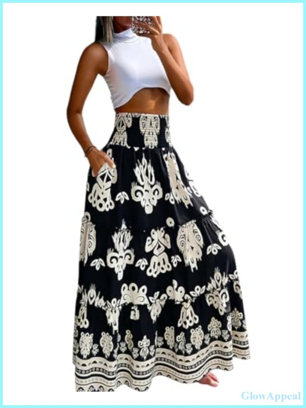 Women's Boho Floral Maxi Skirt with Pockets, 100% Viscose